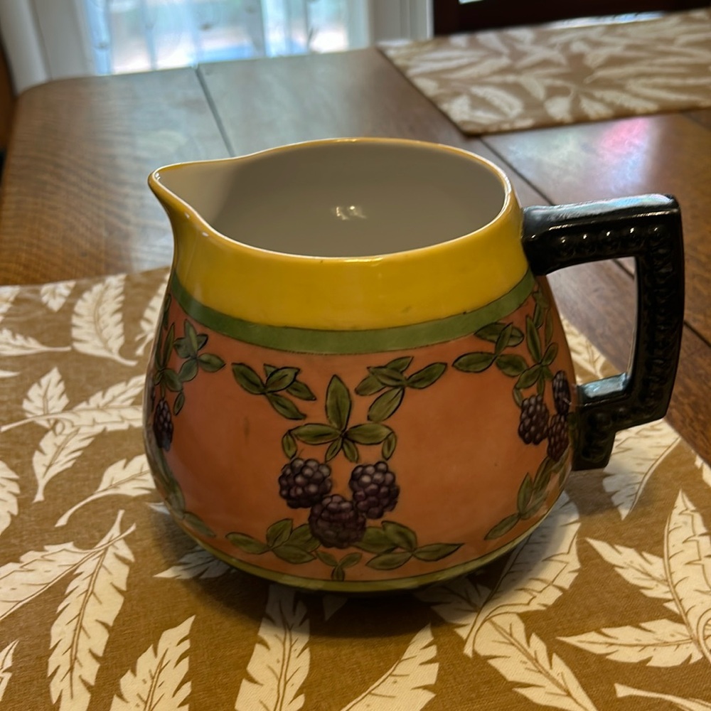 Vintage 6” Ceramic Pitcher with Grapes and beaded handle made in Bavaria